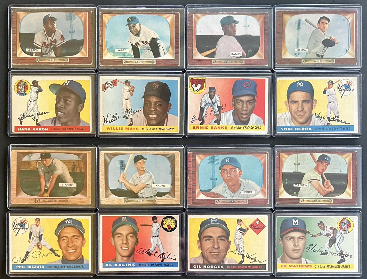 Aaron, Mays, Banks, Berra, Rizzuto, Kaline, Hodges, Mathews appeared in both sets.