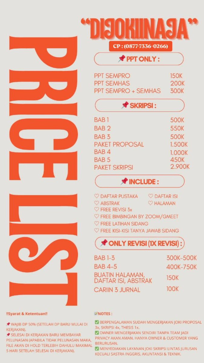 VeeMaveaax's tweet image. Hallo guyss!! Yang mau JOKI Proposal dan Skripsi bisaa bangett yaa DM aku atau ke nomor yang tertera di Gambar tersebutt!! 
#skripsi #sempro #jokiakripsi #jokiproposal