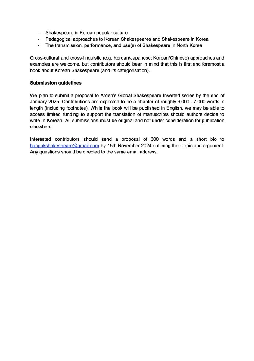CfP! I am working on an edited collection on Korean Shakespeare with two brilliant colleagues, Han Yehrim and Scott Shepherd. We welcome contributions on all approaches to the topic. RTs appreciated, and please feel free to reply/email with questions!