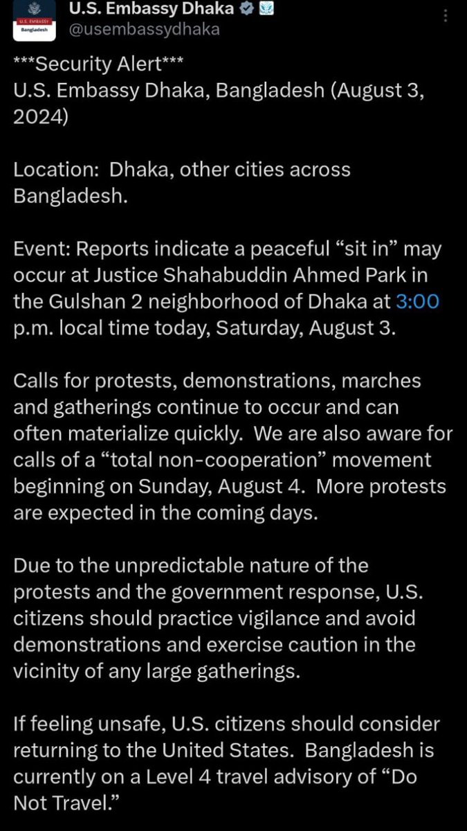 SabriaCBalland's tweet photo. Security alert from US Embassy in #Bangladesh.
#TotalNonCooperation https://t.co/A8N1PL5sfr