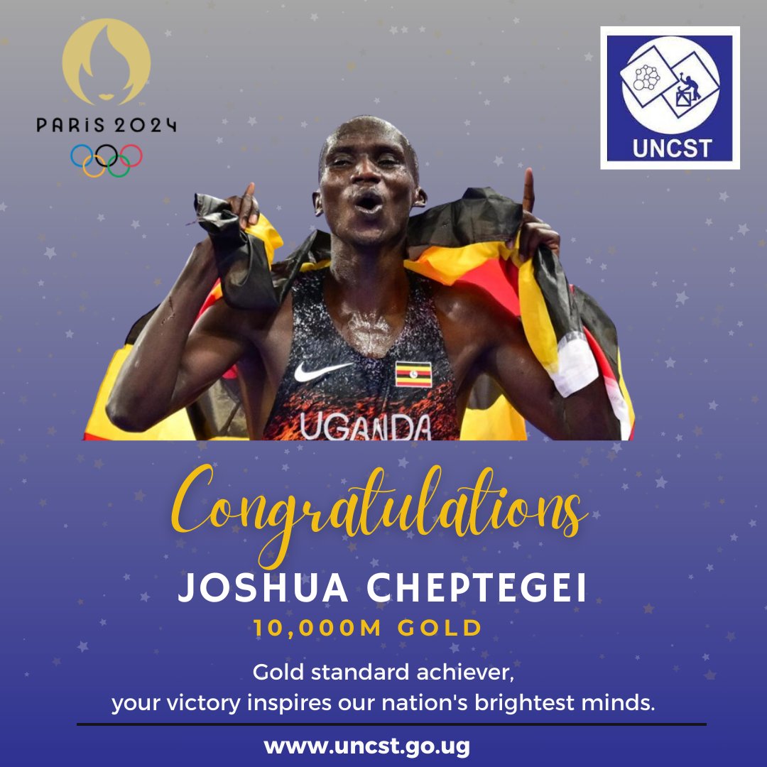 UNCST_Uganda's tweet photo. Congratulations @joshuacheptege1 on winning the 10,000m🥇#gold at #ParisOlympics2024 with a new @Olympic Record of 26:43.14
Your victory is a testament to your hard work and dedication
You continue to inspire the brightest minds in Uganda🇺🇬 #UNCST #MakingUgandaTheBest https://t.co/63oYFPwrr9