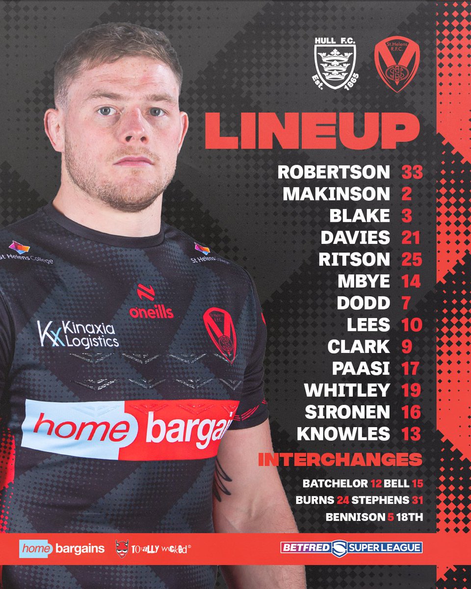 Saints1890's tweet photo. ⚫🔴 Here is how the Saints lineup this afternoon for @SuperLeague action against @hullfcofficial!

Live Match Centre 
➡ https://t.co/L0zSNg9NX4

#COYS https://t.co/vAwBSuZgRM