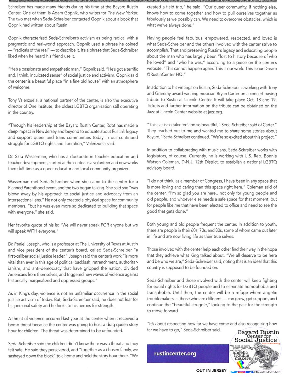Bayard Rustin Center for Social Justice (@rustincenter) on Twitter photo Please read this <a href="/outinjersey/">Out In Jersey</a> feature on our Chief Activist Robt Martin Seda-Schreiber
An extraordinary encapsulation of his lifetime of work as well as a powerful piece that amplifies the voices of many in the inspirational intersectional tapestry of our <a href="/RustinCenter/">Bayard Rustin Center for Social Justice</a> Community Please read this <a href="/outinjersey/">Out In Jersey</a> feature on our Chief Activist Robt Martin Seda-Schreiber
An extraordinary encapsulation of his lifetime of work as well as a powerful piece that amplifies the voices of many in the inspirational intersectional tapestry of our <a href="/RustinCenter/">Bayard Rustin Center for Social Justice</a> Community