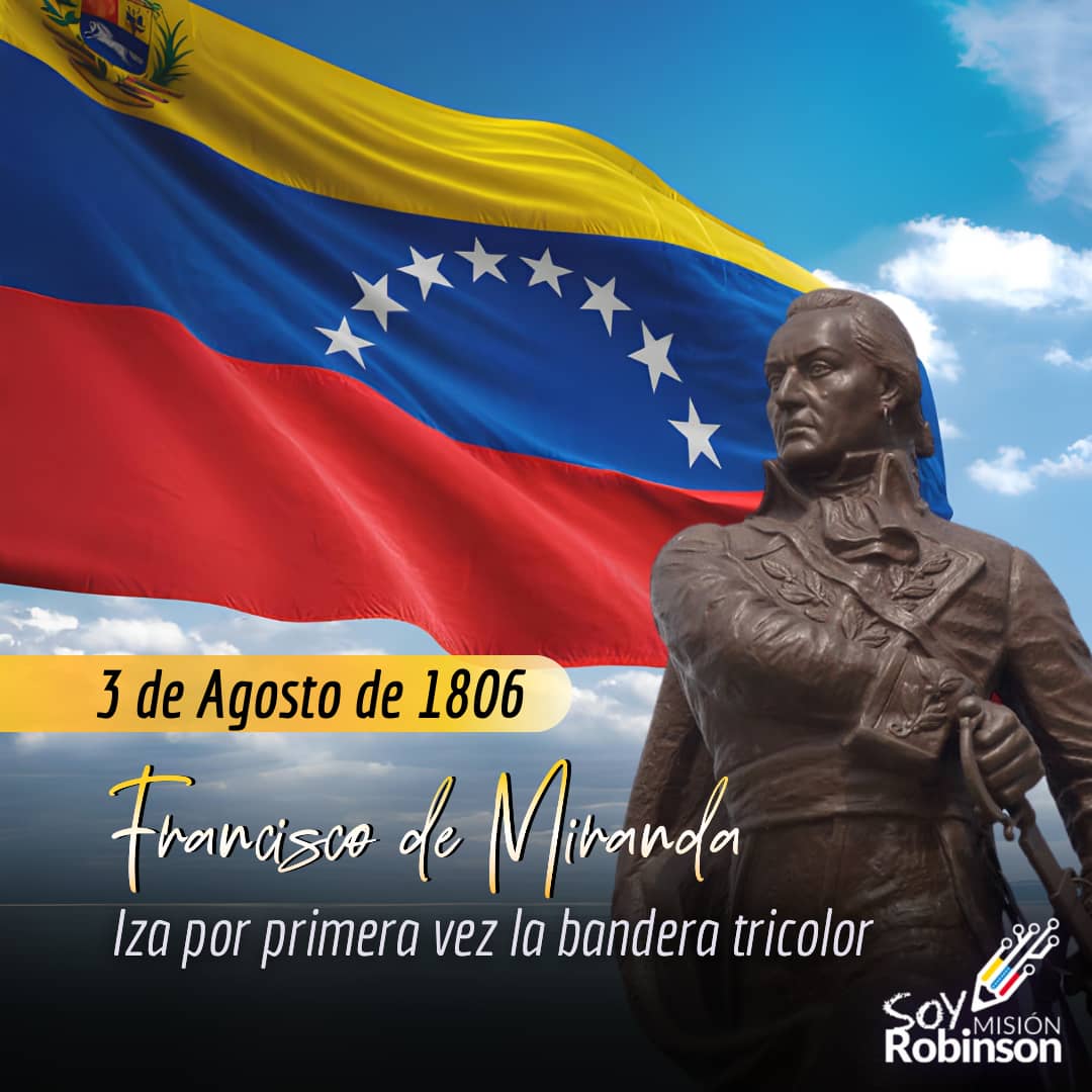 En el año 1806 el Generalisimo Francisco de Miranda, iza por primera vez la Bandera tricolor en tierra Venezolana.

En compañía de la expedición libertadora, el precursor de la Independencia.

#PaísDeOchoEstrellas

<a href="/NicolasMaduro/">Nicolás Maduro</a> 
<a href="/_LaAvanzadora/">Yelitze Santaella</a> 
<a href="/Sociabolivarian/">Lilian Oropeza</a>