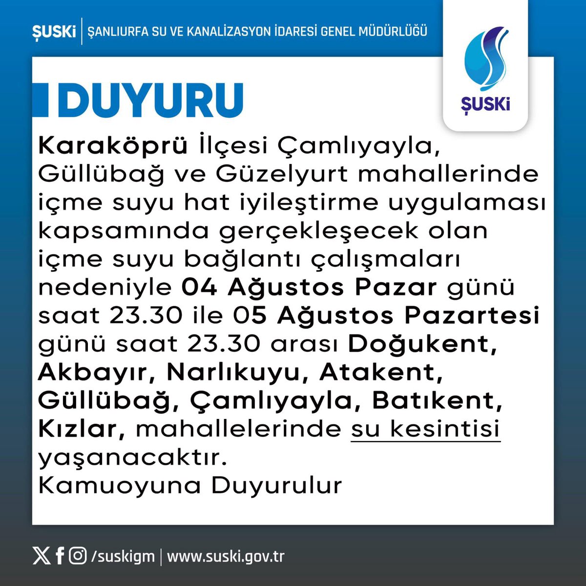 Pazar akşamı kesilmesi gereken su, cuma gecesi kesiliyor. 153 aramamıza rağmen herhangi bilgilerinin olmadığını söylüyorlar. Böyle bilgisiz adamlar ile yol yürüyemezsiniz sayın başkan. <a href="/mkasimgulpinar/">M Kasım Gülpınar</a> 
<a href="/suskigm/">ŞUSKİ GM 🇹🇷</a> kim ne yaptığını bilmiyor. Sabretmeye çalışıyoruz ama olmuyor başkan