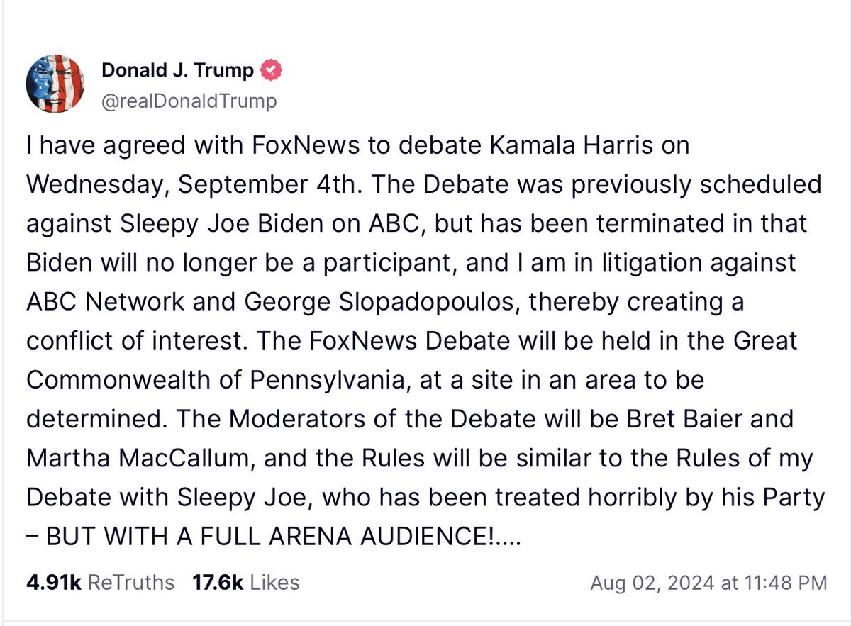 My father already did a debate with Fake News CNN, so is Kamala going to accept the debate with Fox News? 

Or is she going to be a coward and back out?