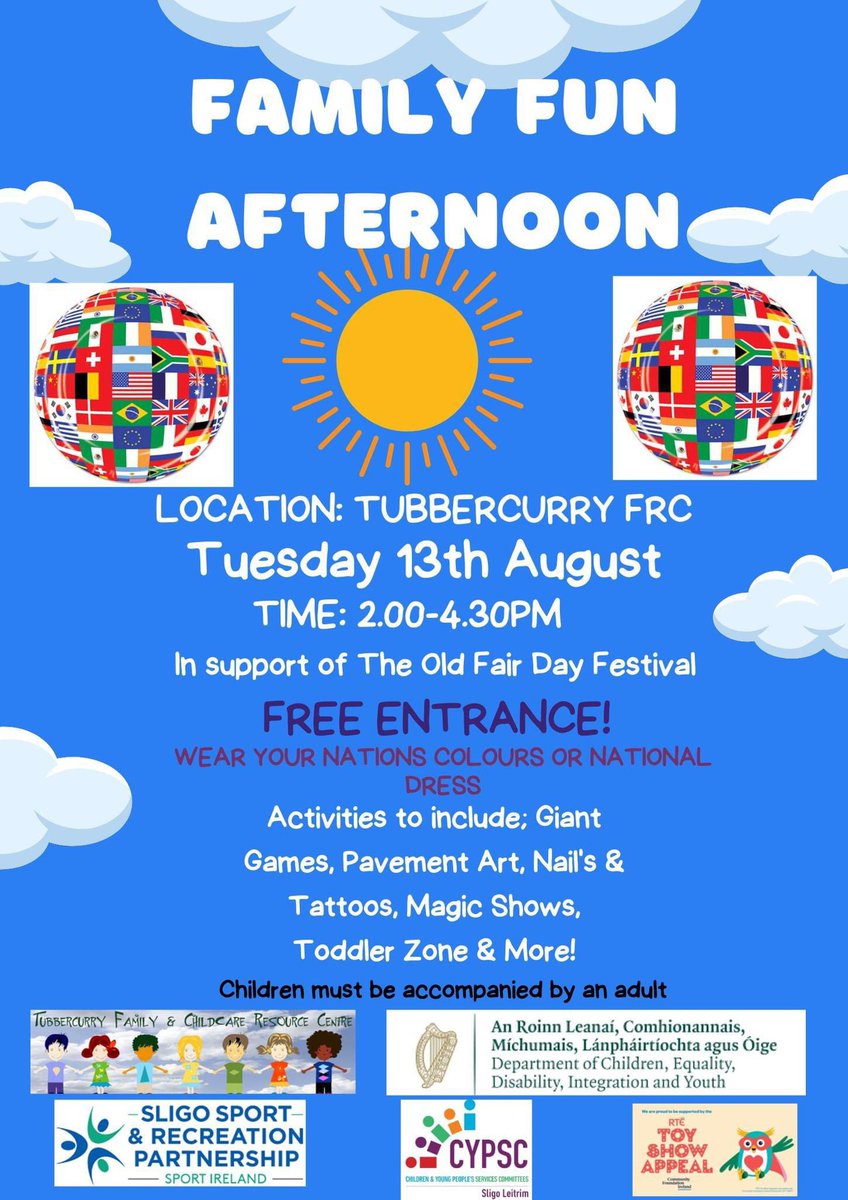 Family Fun Afternoon with Tubbercurry FRC

An afternoon of fun awaits in conjunction with the Old Fair Day on Tuesday 13th August from 2-4pm. A free event open to all. 

#OldFairDay