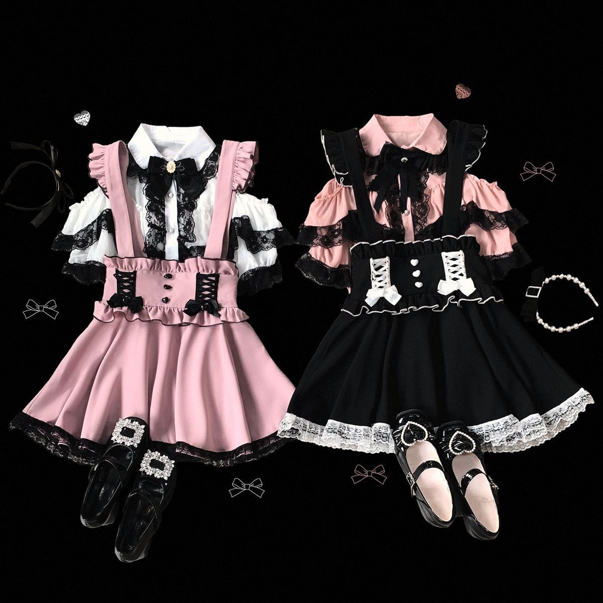 地雷系/量産型オープンショルダーブラウス+レースアップスカート♡