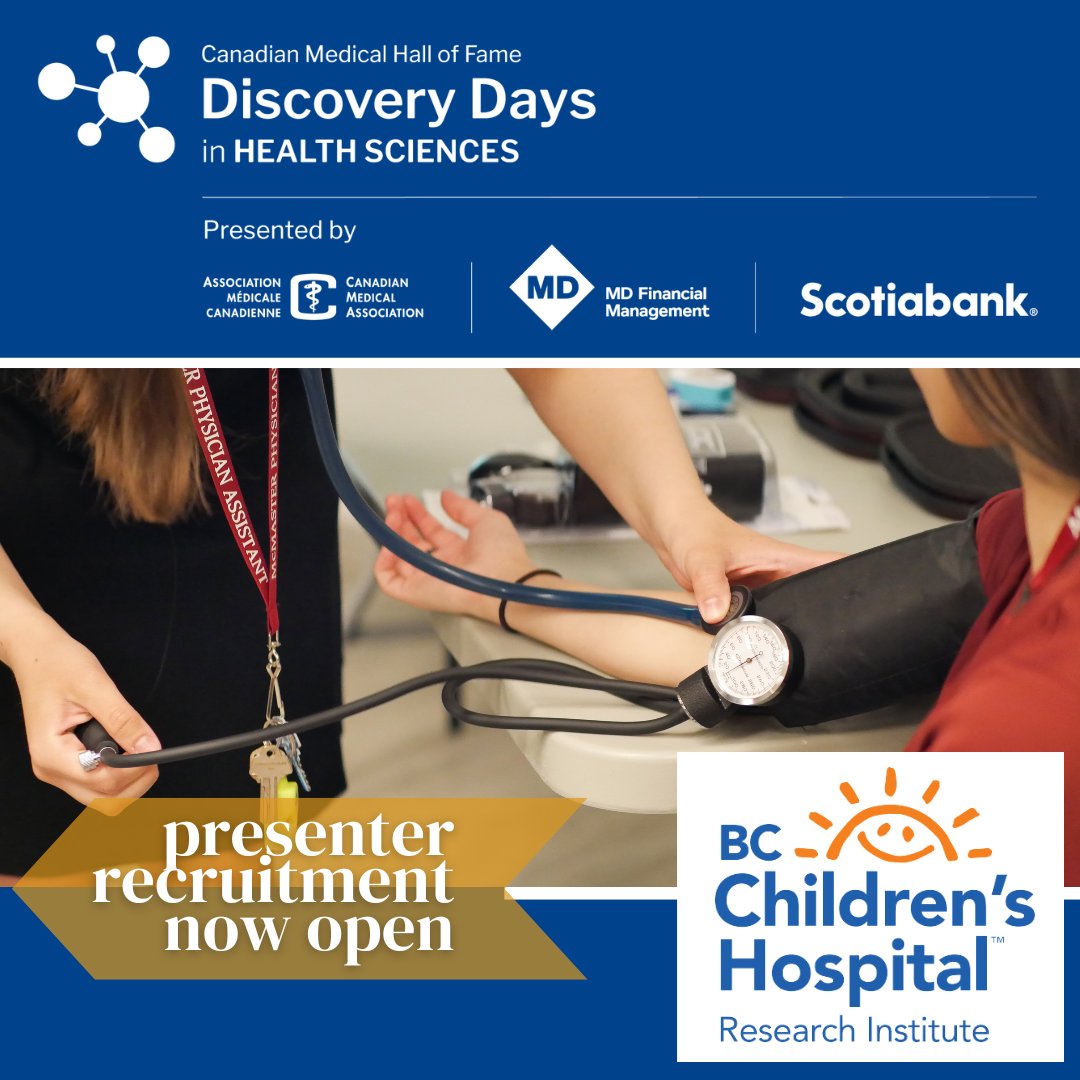Canadian Medical Hall Fame (@cdnmedhallfame) on Twitter photo HEY! #BC
📣Share your passion & help inspire the next generation of health professionals as a #CMHFDiscoveryDay presenter!
Event date: November 7
Apply by September 13!
ow.ly/refR50PhE5G
<a href="/BCCHresearch/">BC Children's Hospital Research Institute</a> <a href="/BCChildrensHosp/">BC Children's Hospital</a> <a href="/BCWomensHosp/">BC Women's Hospital</a> @UBCmedicine <a href="/ubclifesciences/">UBC Life Sciences Institute</a> <a href="/ubcWACH/">UBC Women+ and Children's Health Sciences</a> HEY! #BC
📣Share your passion & help inspire the next generation of health professionals as a #CMHFDiscoveryDay presenter!
Event date: November 7
Apply by September 13!
ow.ly/refR50PhE5G
<a href="/BCCHresearch/">BC Children's Hospital Research Institute</a> <a href="/BCChildrensHosp/">BC Children's Hospital</a> <a href="/BCWomensHosp/">BC Women's Hospital</a> @UBCmedicine <a href="/ubclifesciences/">UBC Life Sciences Institute</a> <a href="/ubcWACH/">UBC Women+ and Children's Health Sciences</a>
