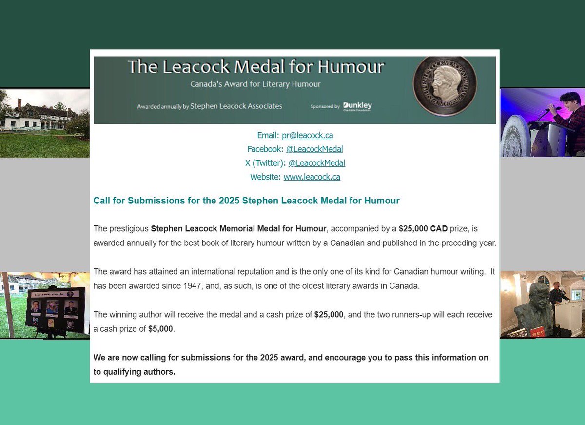 Going for gold (in literary humour)? Now calling on submissions for the 2025 Leacock Medal for Humour. Final deadline for submission is December 31st, 2024. More info in the link below:

leacock.ca/medalaward.php