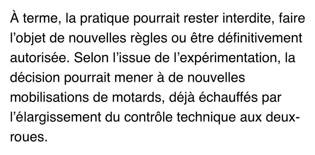 Il y’a encore un post qui tourne, relayant un papier sur «l’interdiction de l’interfile à #moto» et qui fait le tour des RS.

L’expérimentation prend fin mais rien n’est défini quand à la suite. C’est écrit dans l’article. Détendez vous et enjoy les JO.👇

sudouest.fr/economie/auto-…