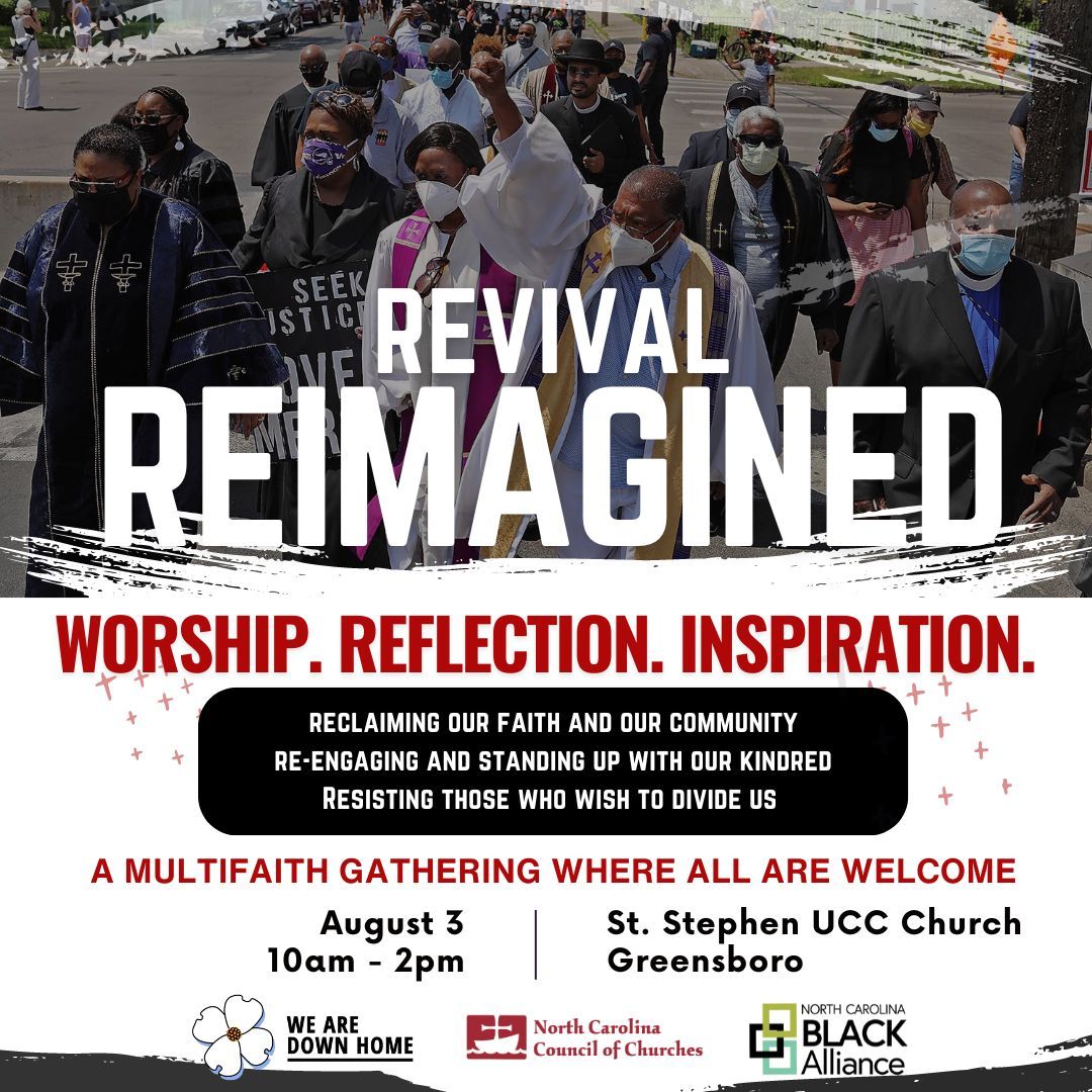 TODAY! Join us in GSO to kick off the Revival Reimagined tour! We'll share welcoming traditions of faith and push back against these spaces being used as political tools to divide us. RSVP &amp; info here: dhnc.info/RevivalReimagi… 

#CareNC #BuildingPower