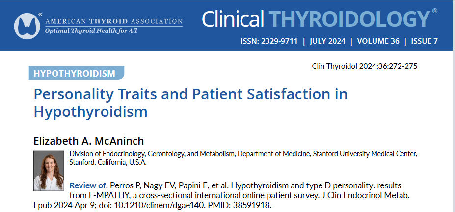 Clinical Thyroidology (@clinicalthyroid) on Twitter photo New #JCEM study: provocative survey results that Type D personality trait may be associated w/ patient-related outcomes in #hypothyroidism. Discussed by <a href="/LizzyMcAninchMD/">LizzyMcAninchMD</a>. What do you think?
ow.ly/sMeA50SP4uS
#thyroid #medtwitter #endotwitter #hashimoto <a href="/EndoSocJournals/">Endocrine Society Journals</a> New #JCEM study: provocative survey results that Type D personality trait may be associated w/ patient-related outcomes in #hypothyroidism. Discussed by <a href="/LizzyMcAninchMD/">LizzyMcAninchMD</a>. What do you think?
ow.ly/sMeA50SP4uS
#thyroid #medtwitter #endotwitter #hashimoto <a href="/EndoSocJournals/">Endocrine Society Journals</a>