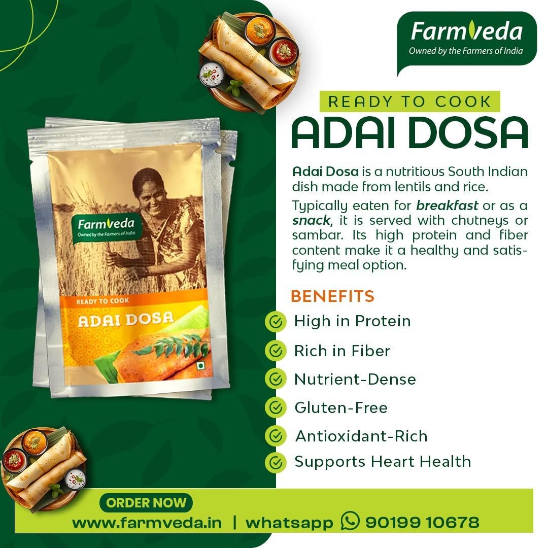 Start your day with a delicious and nutritious meal! 🌞✨ Introducing FarmVeda's Ready-to-Cook Adai Dosa, a traditional South Indian dish made from lentils and rice. 

Order now at farmveda.in or WhatsApp us at 90199 10678. 

#FarmVeda #AdaiDosa #HealthyEating