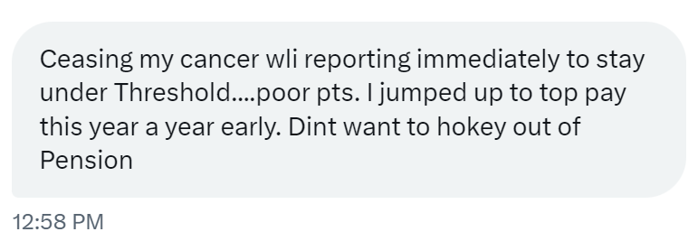 Dr Tony Goldstone (@goldstone_tony) on Twitter photo Getting lots of private comments like the one below (with permission)
This from a cancer radiologist having to stop extra waiting list work "immediately" to not end up #PayToWork
As this cancer specialist says "poor patients"
This is urgent <a href="/wesstreeting/">Wes Streeting</a> <a href="/jamesmurray_ldn/">James Murray</a> Getting lots of private comments like the one below (with permission)
This from a cancer radiologist having to stop extra waiting list work "immediately" to not end up #PayToWork
As this cancer specialist says "poor patients"
This is urgent <a href="/wesstreeting/">Wes Streeting</a> <a href="/jamesmurray_ldn/">James Murray</a>