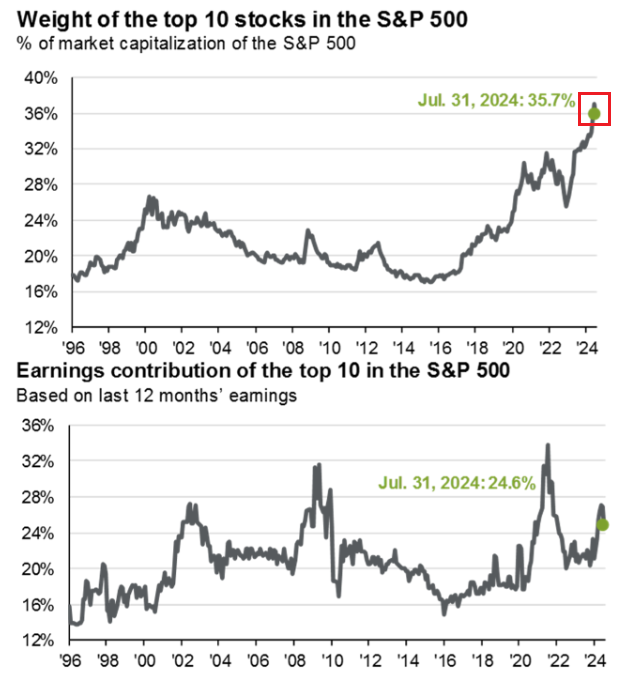 Weight of top 10 SPX stocks is now 36%

Their EPS contribution is 25%