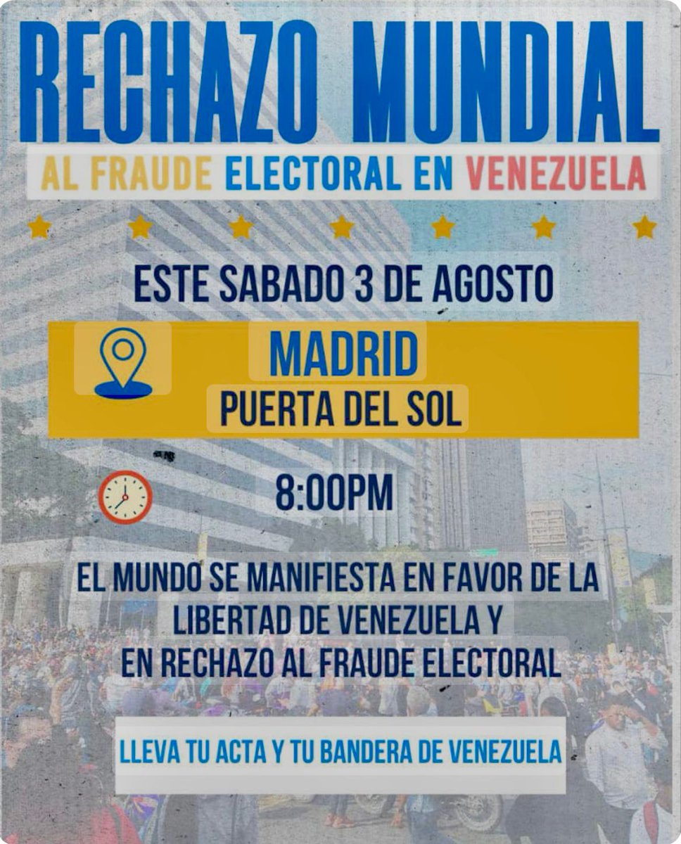 eugeniadam's tweet photo. Hoy a las 20:00 en el km 0 de España 🇻🇪 Puerta del Sol, 3 de agosto, día en el que Colón llegó a las costas de Venezuela (Macuro) en 1498. #VenezuelaLibreDelDictador #FueraMaduro #FuerzaVenezuela
#mcdtm https://t.co/bh8O5LjMMU