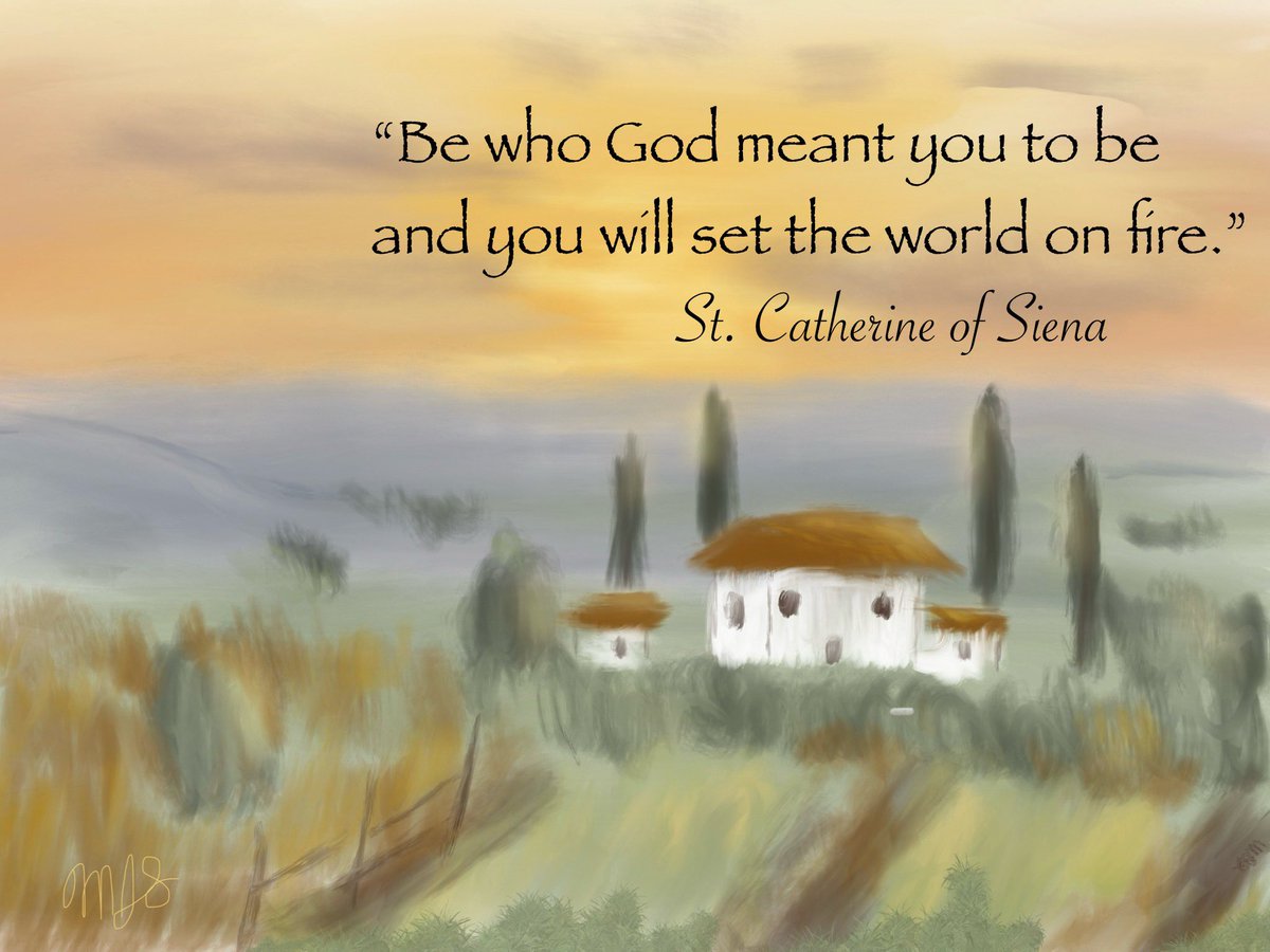 j_schlotter's tweet photo. On of my favorite quotes. St. Catherine’s words are a beautiful reminder to turn everything over to God. His plans for you are always better than your plans for yourself. Don’t try and be who you want to be, but be who God meant you to be  #saintquotes #faith #catholic #artwork https://t.co/Bqag13cUsE