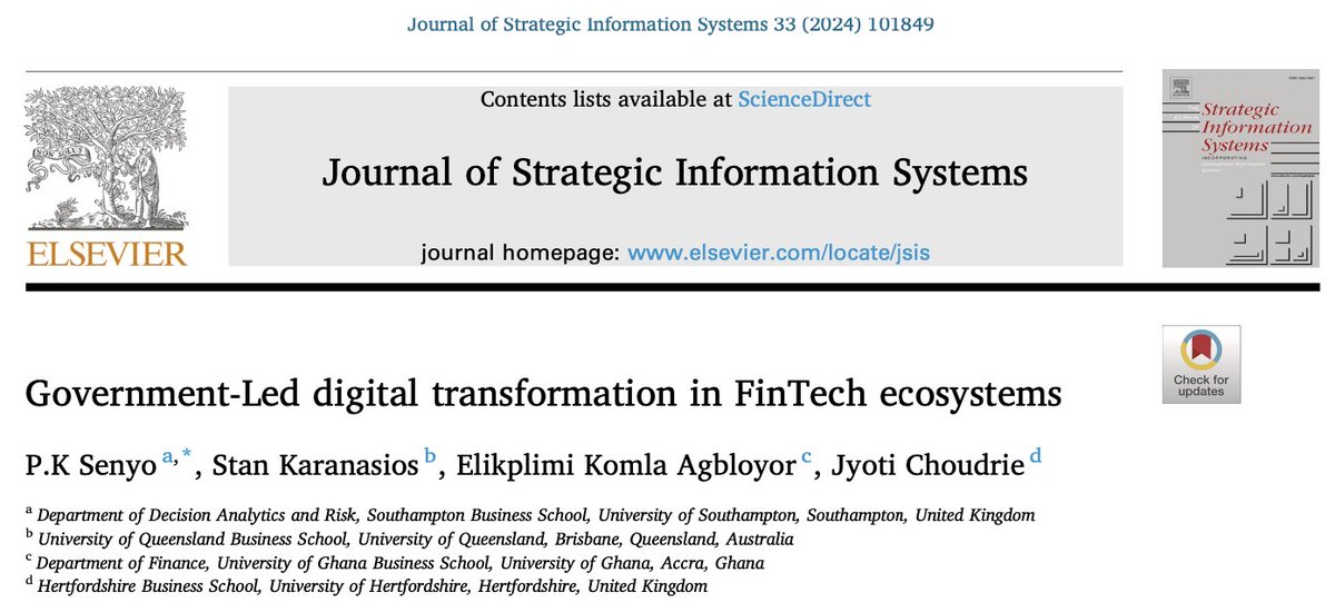 Check out our latest article entitled "Government-Led Digital Transformation in FinTech Ecosystems" published in the Journal of Strategic Information Systems (ABS4). 
Download Link: lnkd.in/eNwiTEFh
