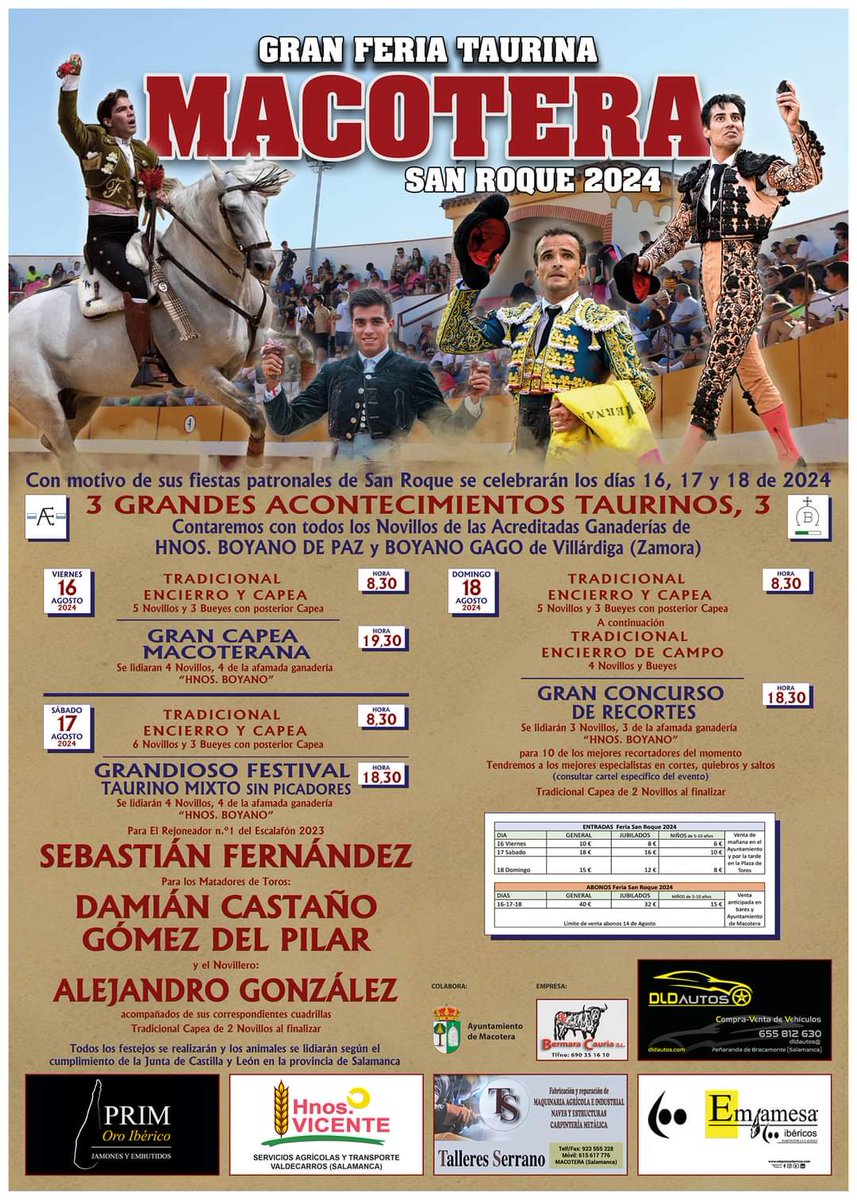 Cartel de los festejos taurinos de Macotera 2024, en honor al patrón San Roque.