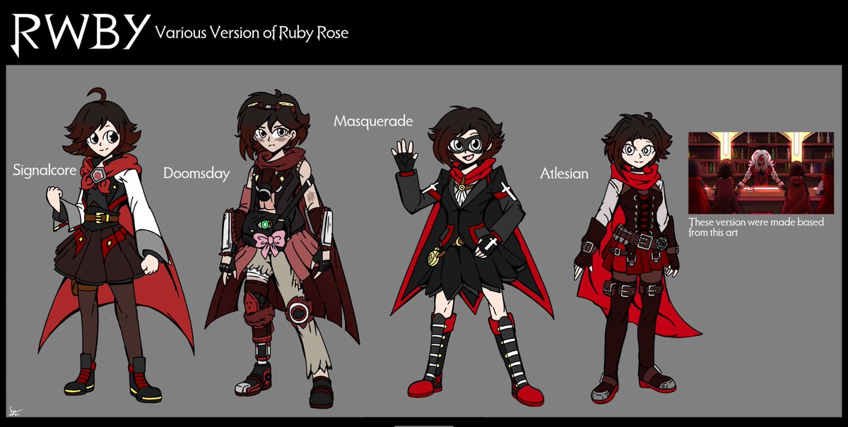 Segodaboi's tweet photo. My AU Ruby's many outfits thorough the many season and alternative outfits for my small project.
Also, another AU of Ruby that i made it up, plus AU from other people's too!
#RWBY #FixingRWBY #Evermorrow #ReversedFate https://t.co/7IIAEQTODz