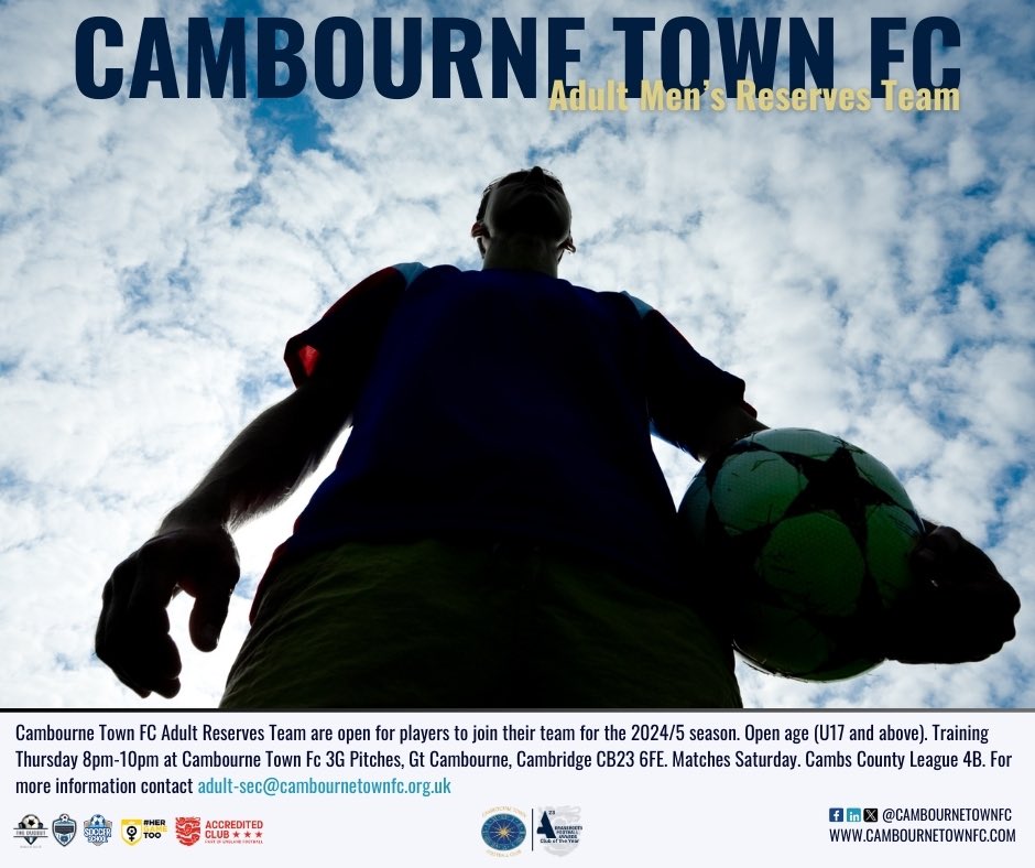 We are looking for players for our newly forming Mens reserves, matches will be played on a Saturday. Training Thursdays 8-10pm. Joining the <a href="/CambsLeague/">Cambs County League</a> in division 4b. Please contact Rhys adult-sec@cambournetownfc.org.uk