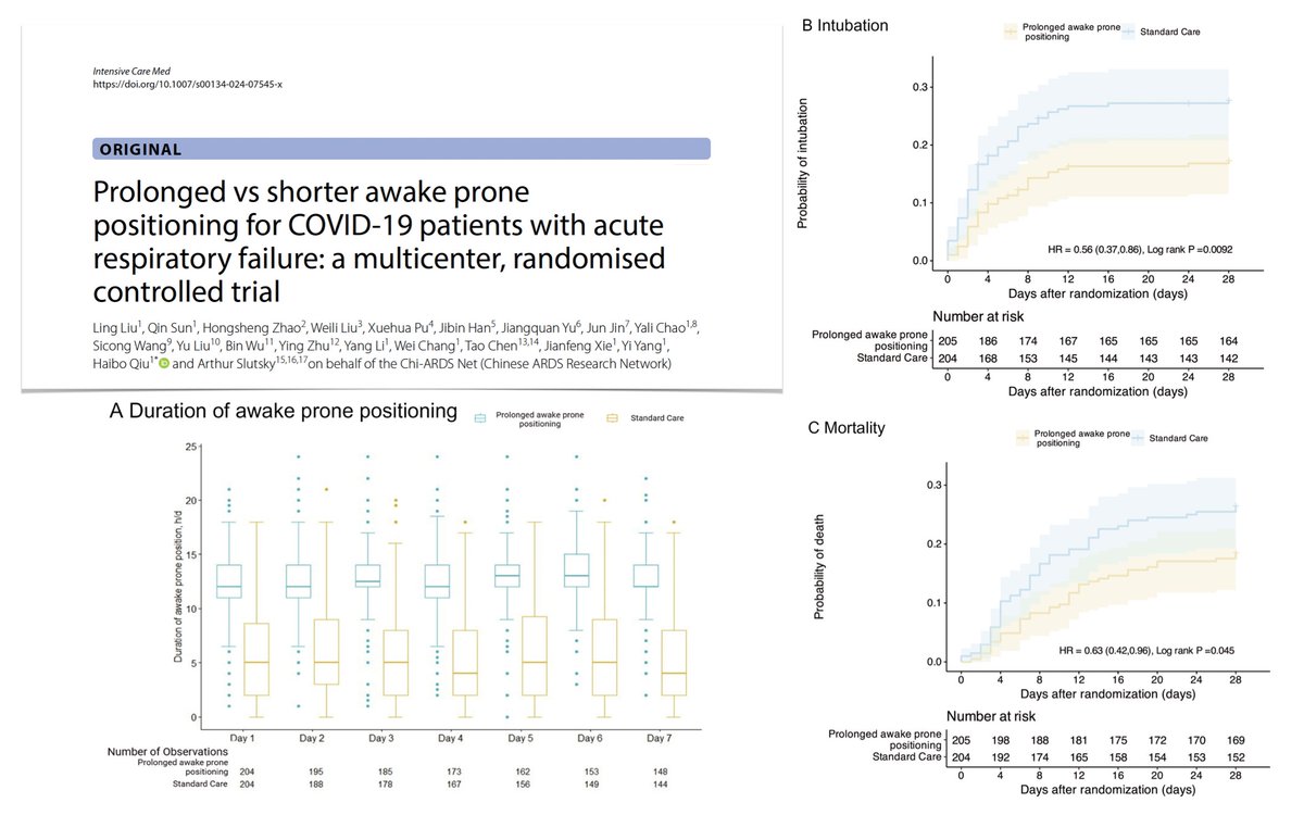 Prolonged awake prone positioning vs standard care with shorter awake proning in #COVID19
🫁 &gt; 400 pts w acute hypoxemic respiratory failure 
⚖️ prolonged proning reduced incidence of intubation &amp; mortality
⚠️ few adverse events/similar in both groups
🔓 rdcu.be/dPRje