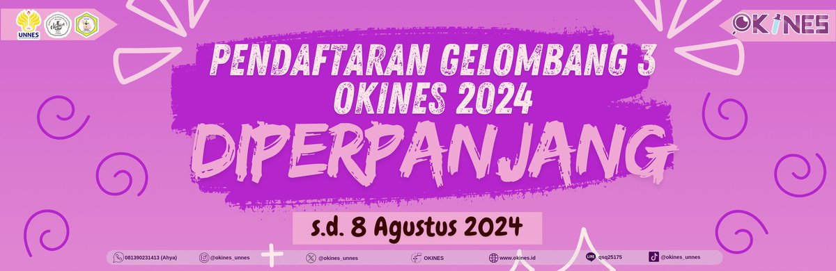 ❗[𝐏𝐄𝐑𝐏𝐀𝐍𝐉𝐀𝐍𝐆𝐀𝐍 𝐏𝐄𝐍𝐃𝐀𝐅𝐓𝐀𝐑𝐀𝐍 𝐎𝐊𝐈𝐍𝐄𝐒 𝟐𝟎𝟐𝟒]❗

Halo Sahabat Okines 👋🏻

Pendaftaran Okines 2024 𝐃𝐈𝐏𝐄𝐑𝐏𝐀𝐍𝐉𝐀𝐍𝐆 𝐡𝐢𝐧𝐠𝐠𝐚 𝟖 𝐀𝐠𝐮𝐬𝐭𝐮𝐬 𝟐𝟎𝟐𝟒, yeay 😍

Yuk, segera daftarkan diri kalian !!!