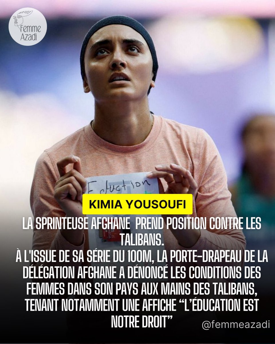 La sprinteuse afghane Kimia Yousofi prend position contre les talibans. À l’issue de sa série du 100m, la porte-drapeau de la délégation afghane a dénoncé les conditions des femmes dans son pays aux mains de talibans. Elle a notamment tenu une affiche « l’éducation est notre