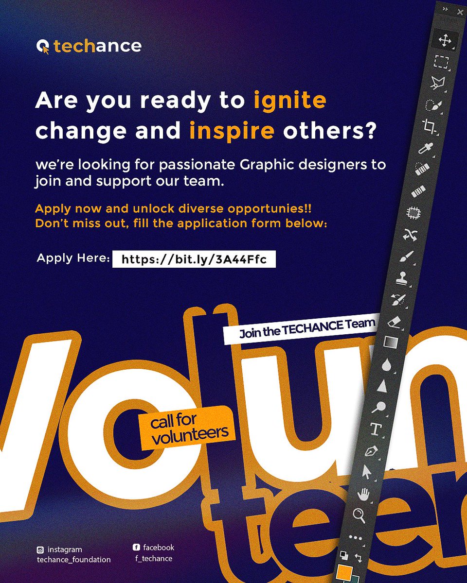 TechanceF's tweet photo. Are you a graphic designer?
Are you looking for an opportunity to showcase and build your skills?
Are you interested in joining the Techance Graphic Design Team?
If yes, click the graphic design volunteer link below.

https://t.co/YZOh7WnPiB https://t.co/Ja6Ar76GWO
