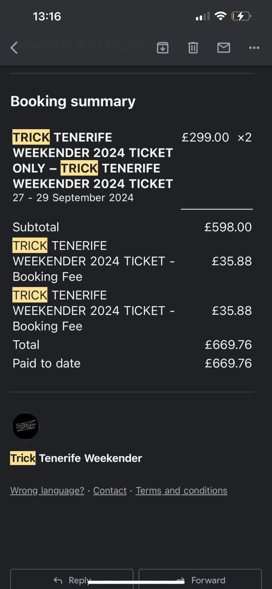 Selling 2 TRICK TENERIFE tickets as we can’t make it anymore. 

Paid £670 for them, just looking for £500 for them to get rid and get some kind of money back. 

(It’s just the weekend ticket with no flights or hotel) 

Please share 🤞🏽