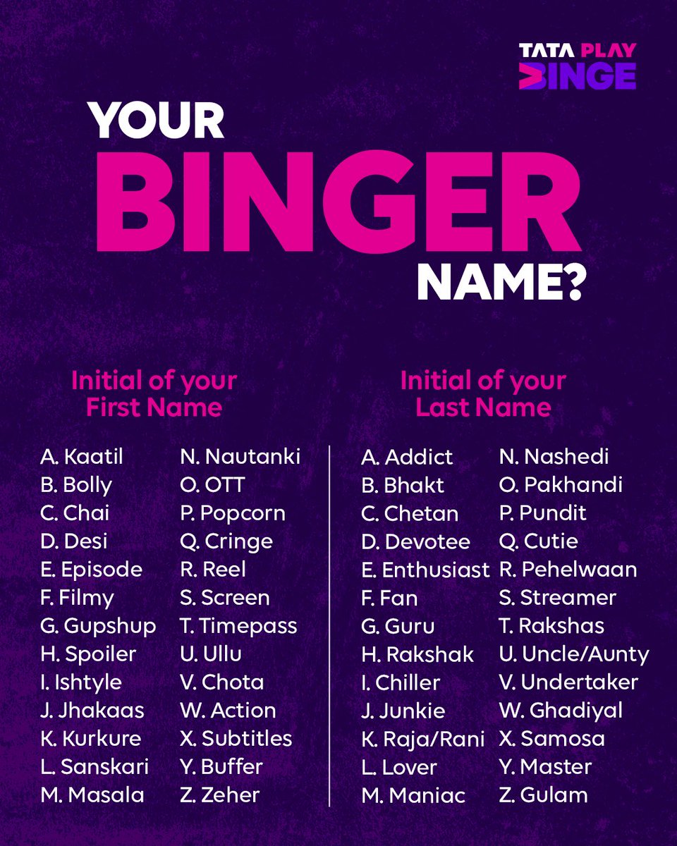 TataPlayBinge's tweet image. My Binger name is Chota Chetan😔. What’s yours?
.
.
.
#binger #name #binge #game #pick #watch #tataplaybinge