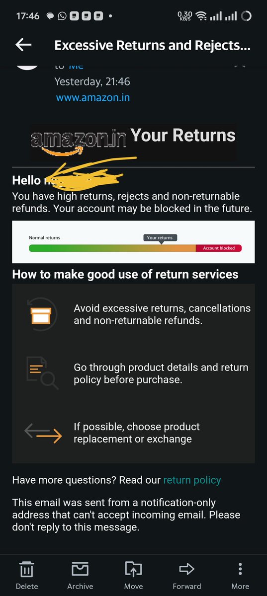 nagarjuna_iu's tweet photo. @AmazonHelp @jagograhakjago @OnePlus_Support @OnePlus_IN @awscloud @amazonmusic @AmazonMGMStudio @PrimeVideoIN After wasting my of my 12days,  today @amazon confirmed that  they are unable to deliver my order. #verypoorservce. On top of that @amazonIN sent a warning mail to me. See  👇 screenshot. 🙏🙏🙏🙏 https://t.co/RDZ0NKjGTD