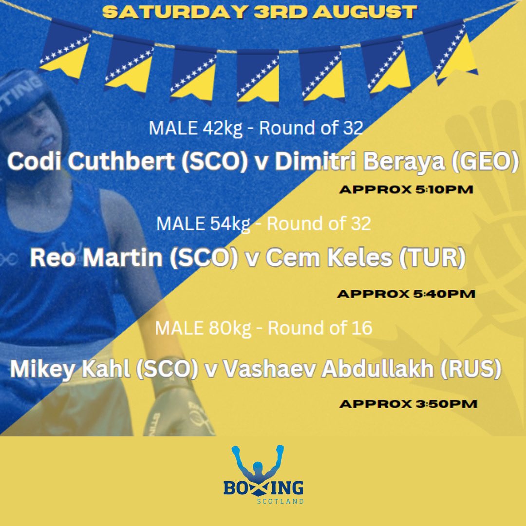 BoxingScotland's tweet photo. EUBC European Schools Championships (Bosnia), Saturday 3rd August Live Stream link and schedule 🥊🏴󠁧󠁢󠁳󠁣󠁴󠁿⬇️

https://t.co/SZbNwy6nZp

#TeamScotland 
#BoxingPathway https://t.co/f7KFNM89fb