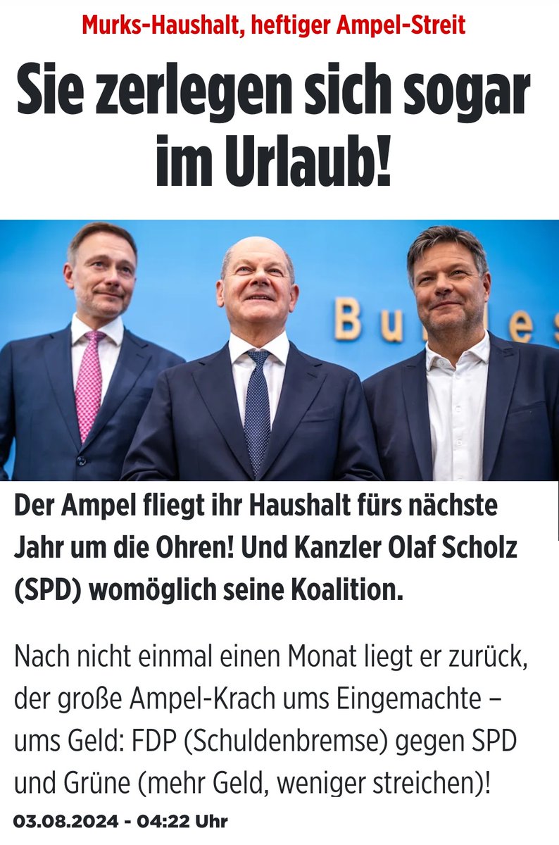 Die „Einigung” vor einem Monat war eine Chimäre, deshalb habe ich sie nicht kommentiert.

Hintergrund: Die Ampel ist die erste Bundesregierung aus drei Fraktionen; ihre Ziele sind unvereinbar:

• Die FDP ist der Anwalt der Steuerzahler. Sie lehnt höhere Steuern und einen Bruch
