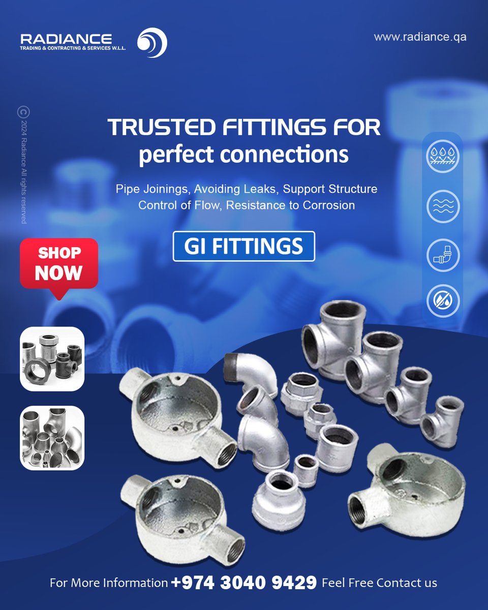 Radiance Qatar introduces GI fittings,👨🏻‍🔧💯 which are important for lasting, corrosion-resistant plumbing and piping systems. Needed for long-term, consistent performance.

For further information, 🛒👇🏻
Visit radiance.qa or
call +974 3040 9429.