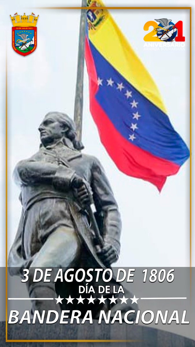 Hoy #3agosto celebramos el día en el que el A/J “Generalísimo" Francisco de Miranda, izó por primera vez en el suelo Patrio, la Bandera Nacional, como símbolo de nuestra lucha histórica por la Independencia y la Soberanía.

#PaisDeOchoEstrellas🇻🇪

<a href="/NicolasMaduro/">Nicolás Maduro</a>