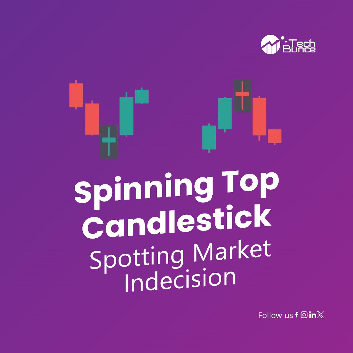 TechBunce's tweet image. The spinning top candlestick is crucial in forex trading, indicating market indecision and potential trend reversal. Its short body with long wicks on both sides shows equal pressure from buyers and sellers, suggesting a possible change in market direction.