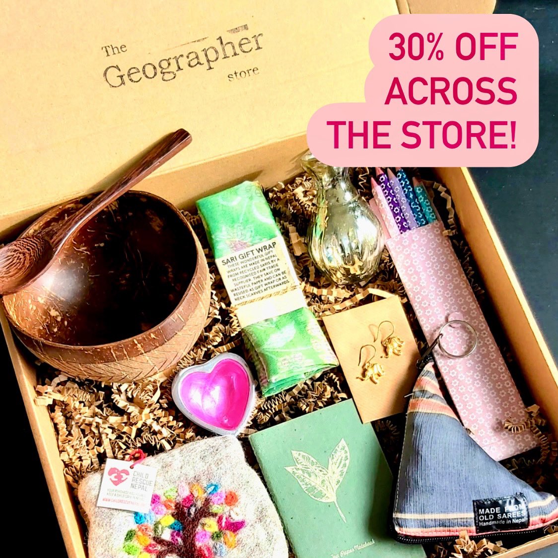 Use code SUMMERPROMO at checkout for 30% off everything! thegeographer.uk/store Offer runs till midnight Tuesday. #Giftboxes #ethicalgifts #sustainable #packaging