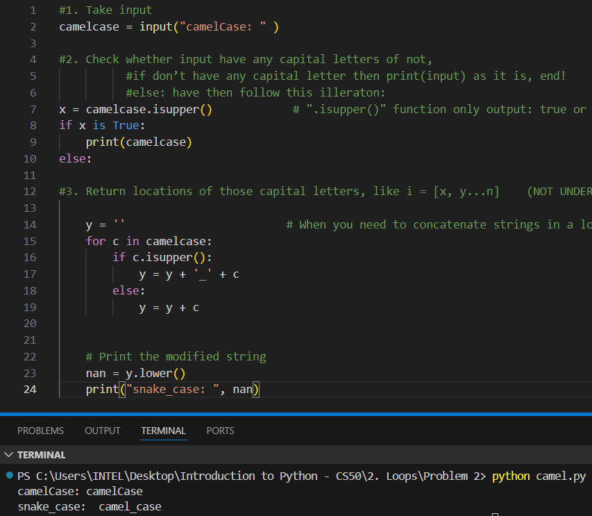 satyeks's tweet image. In 17th line, why and how function; &quot;y +=  &apos;_&apos; + c 
able to print &quot;_&quot; just below capital letter? 
please someone explain me this, i am stuck in this problem for 4 days!
@ShivamP81806919 #python #pythonhelp #cs50
@cs50 @CS500Support @Python_Dv @python_spaces @StackOverflow