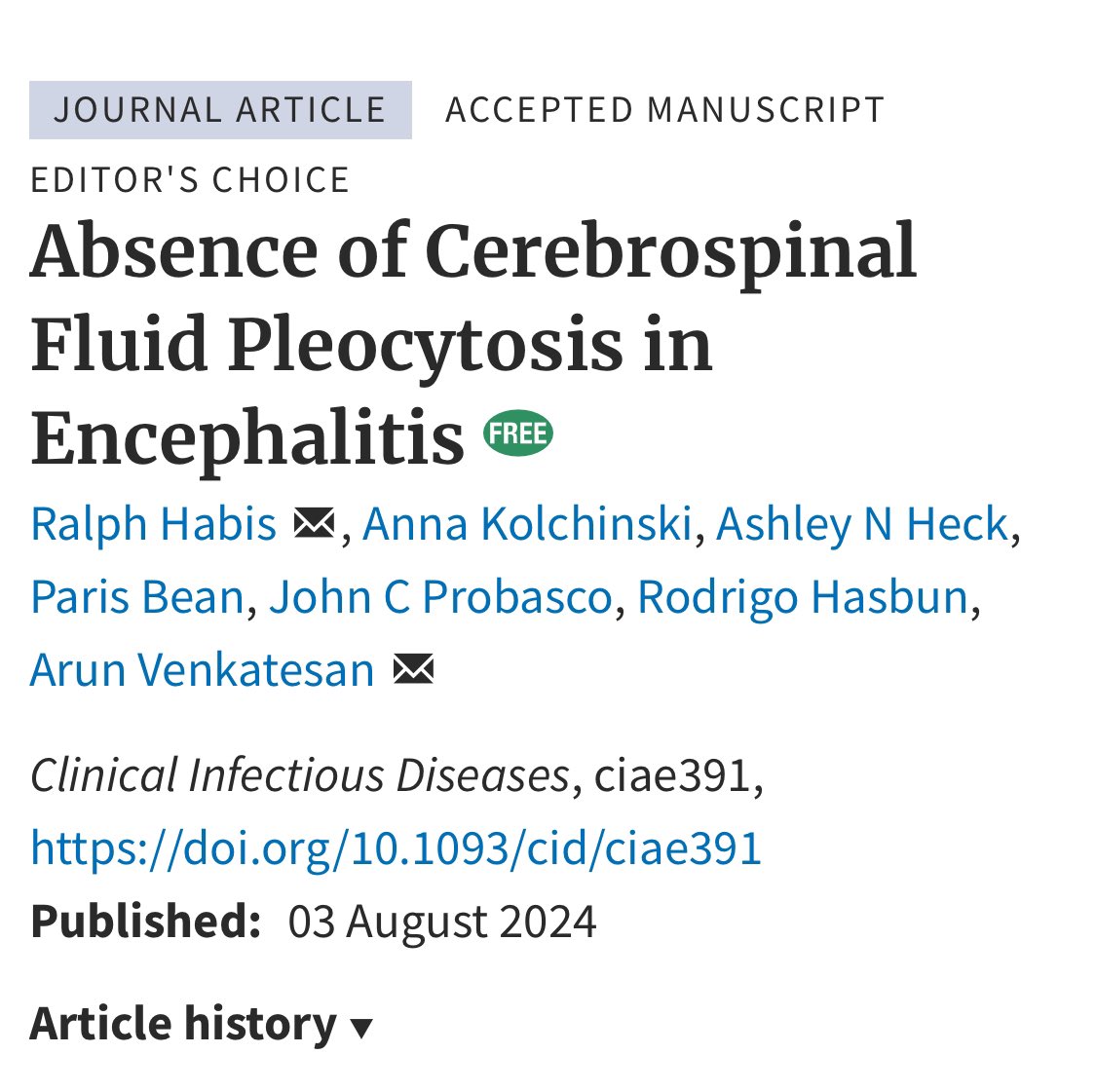 Takahiro Matsuo (Taka), MD (@takamatsuo_id) on Twitter photo 【Absence of Cerebrospinal Fluid Pleocytosis in Encephalitis】<a href="/CIDJournal/">Clinical Infectious Diseases</a> Aug 3 2024
Congrats to @UT_Infectious Dr. Hasbun’s team and <a href="/JohnsHopkinsDOM/">Johns Hopkins Department of Medicine</a>!
Absence of CSF pleocytosis:
👉24% of HSV-1
👉Acyclovir should not be delayed!
doi.org/10.1093/cid/ci…
#IDMedEd #NeuroID 【Absence of Cerebrospinal Fluid Pleocytosis in Encephalitis】<a href="/CIDJournal/">Clinical Infectious Diseases</a> Aug 3 2024
Congrats to @UT_Infectious Dr. Hasbun’s team and <a href="/JohnsHopkinsDOM/">Johns Hopkins Department of Medicine</a>!
Absence of CSF pleocytosis:
👉24% of HSV-1
👉Acyclovir should not be delayed!
doi.org/10.1093/cid/ci…
#IDMedEd #NeuroID