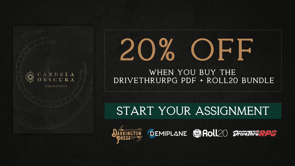 You’re needed, investigators: join the secret society Candela Obscura to confront occult horrors from beyond.

Save 20% on the Candela Obscura PDF + <a href="/roll20app/">Roll20</a> VTT Bundle deal from <a href="/DarringtonPress/">Darrington Press</a> 

Get it here: tinyurl.com/y8x5s9ux

#ttrpgs #CriticalRole