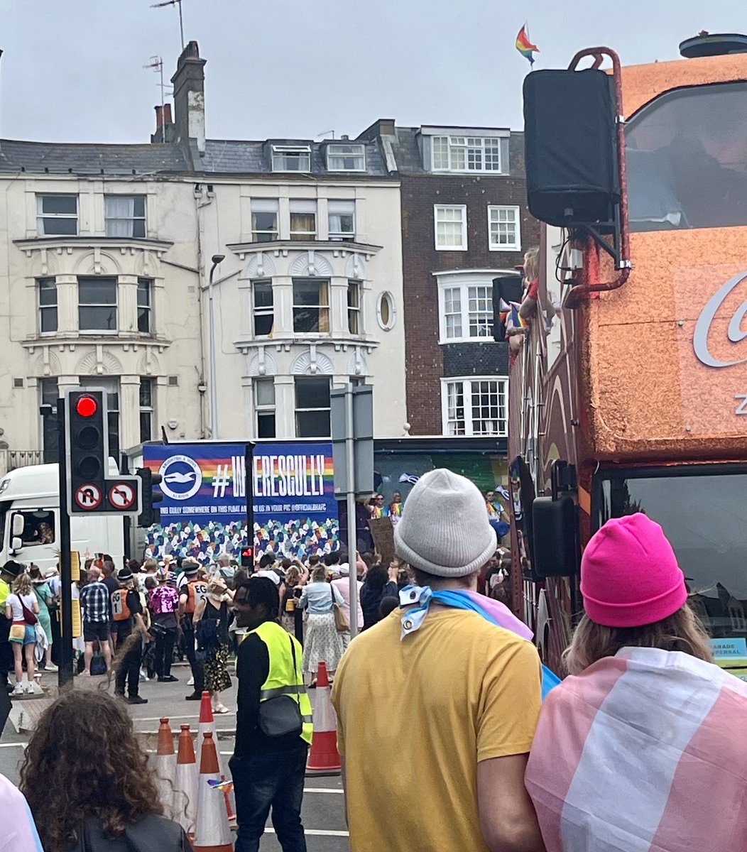 Well done to the campaigners who have just peacefully and firmly stopped sponsor Coca-Cola’s Pride bus next to Brighton Pavilion, isolating it from the rest of the parade, which is now sailing on by with a small diversion.  👏💚🏳️‍🌈🏳️‍⚧️