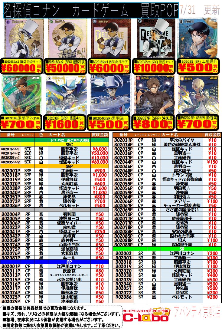 コナンTCG買取情報】 最新弾✨西と東の大決戦✨買取表 ☆怪盗キッド