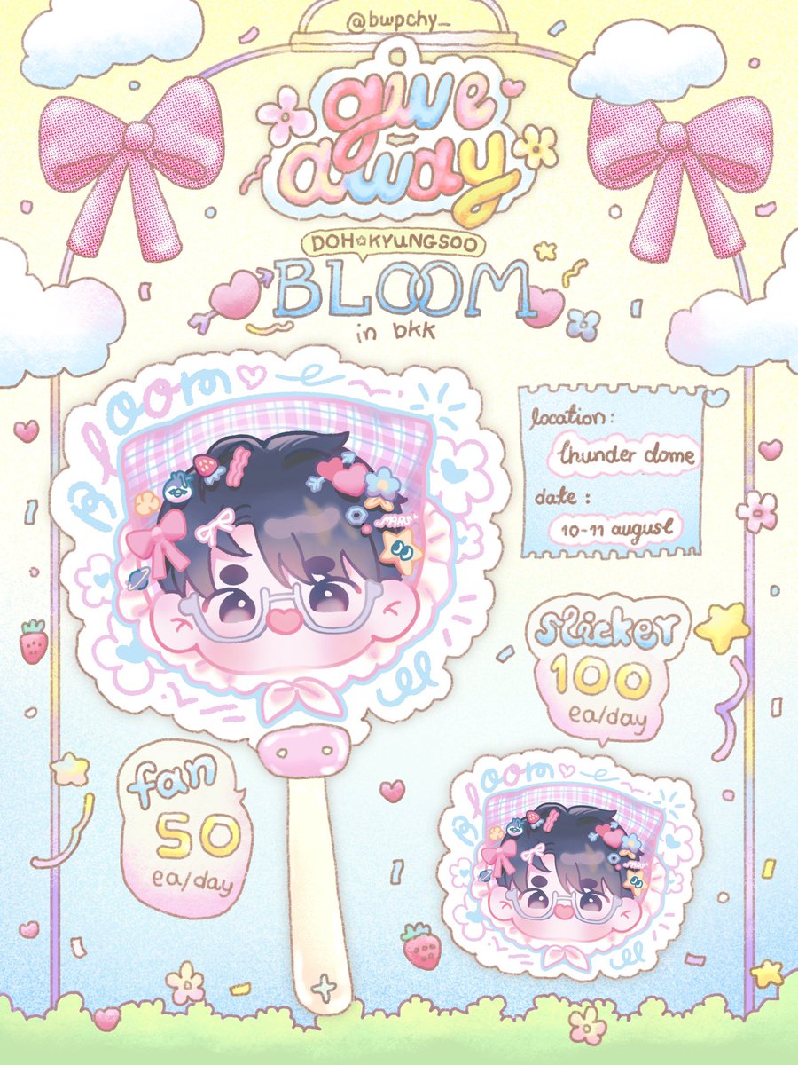 giveaway 🌸✨
#FANCONCERT_BLOOM_inBKK 

💘 rt &amp; show this tweet

fan: 50ea/day
sticker: 100ea/day

fanart by <a href="/cl20udy_xo/">CL20UDY #NoWarThaiCambodia</a> ☁️

✿ date: 10-11 august
✿ time &amp; place: tba

แล้วเจอกันค่า 🫶🏻
#ใครไม่มาคยองซูMars