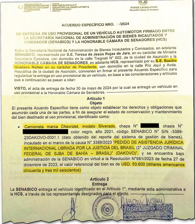 chiqui_avalos's tweet photo. El amnésico titular del Congreso "olvidó"
BACHI FIRMO RECEPCION DE SENABICO
A pesar de haber manifestado que "nada tenia que ver con la camioneta de la SENABICO transferida para su uso al Senado ( siemprepara el combate al lavado de dinero, drogas y al crimen organizado) y responsabilizó del mismo a su antecesor "Beto" OVELAR
Sin embargo la aparición de un documento firmado por él junto a la Ministra de la institución Teresa Rojas, confirma que realmente tuvo que ver con la operación que "desconocía" y en la que se habla de la cesión de un solo vehiculo mientras que SENABICO asegura haber entregado 4 al Congreso, utilizados hasta ahora para fines que no han sido definidos...
MEMOREX en damajuanas...