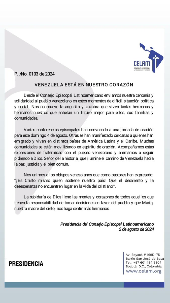 El Consejo Episcopal Latinoamericano envía mensaje al pueblo de Venezuela. "Que la sabiduría de Dios llene la mente y el corazón de aquellos que toman las decisiones"