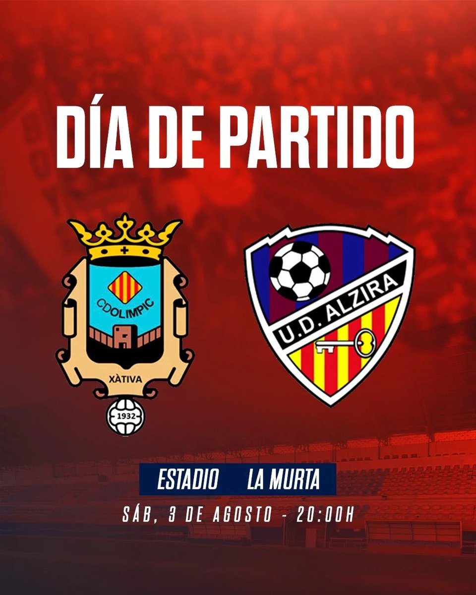 𝐃𝐢𝐚 𝐝𝐞 𝐩𝐚𝐫𝐭𝐢𝐭 
Primer partit de la nostra pretemporada 💪🏼

🆚 <a href="/CD_Olimpic/">CD Olímpic de Xàtiva</a> 
⏰ 20h
🏟️ La Murta 

#UDAlzira #SomLaResistència