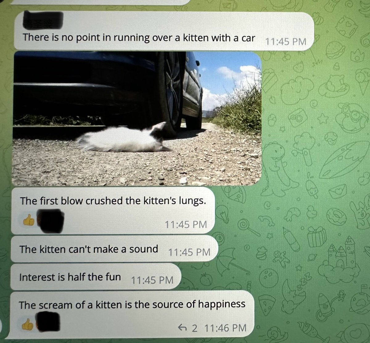 jack_paddy06's tweet photo. An exchange from a Chinese Telegram group dedicated to cat torture. The video of someone intentionally running over a live kitten multiple times was not satisfying to them because the kitten did not suffer enough. Cat torture is legal in China. China needs animal welfare laws. https://t.co/CTyBPT4RIF