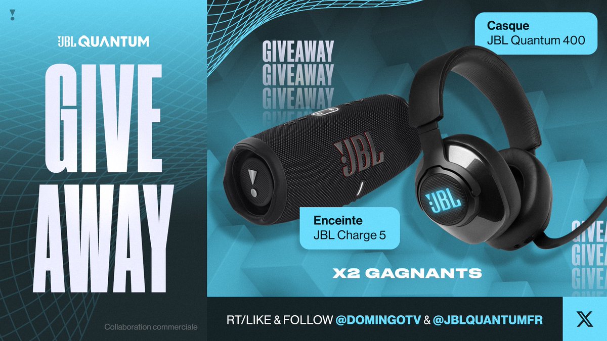 DomingoTV's tweet image. [CONCOURS] On vous a concocté un pti pack “g@m€r qui touche de l’herbe” avec le casque JBL Quantum 400 &amp;amp; l’enceinte portable JBL Charge 5 qu’on fait gagner à 2 d’entre vous ! 🎧

RT/Like le tweet + follow @JBLQuantumFR &amp;amp; @DomingoTV pour participer, TaS le 12/08 !